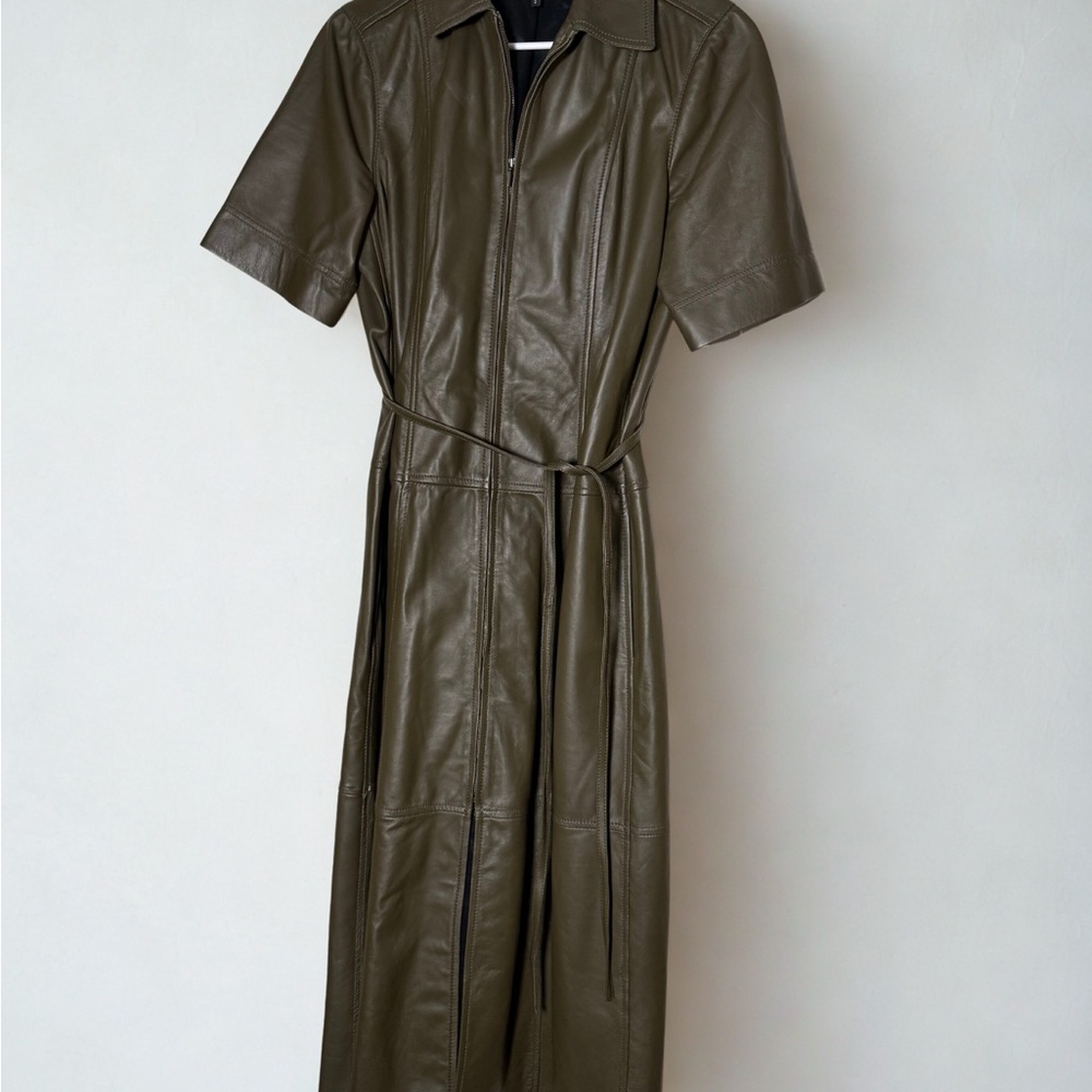 ME+EM Leather Intense Olive Midi Dress w/ Belt-Zip Front Short Sleeve US 8 - Picture 6 of 11
